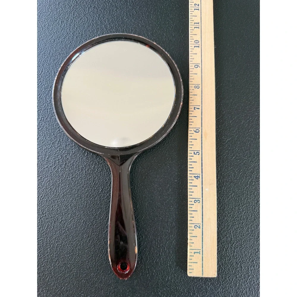 Vtg Faux Tortoiseshell Handheld Vanity Mirror Round Brown Amber Retro READ